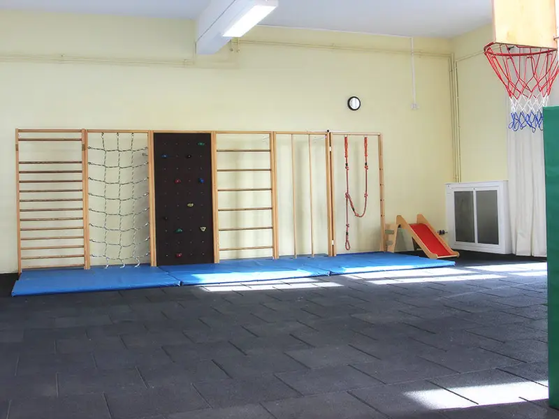 TIMS gym room with a climbing wall, rope net, and basketball hoop